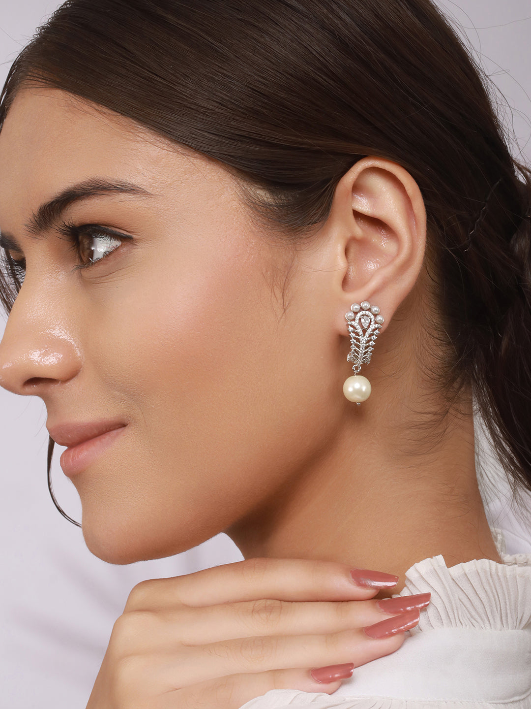 Silver Toned Pearl Beaded Minimal Studs  Bali Earrings